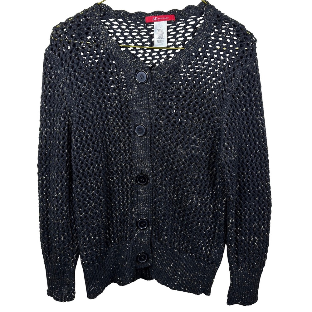 Anne Klein AK Black Gold Metallic Open Knit Button Front Cardigan Sweater Large